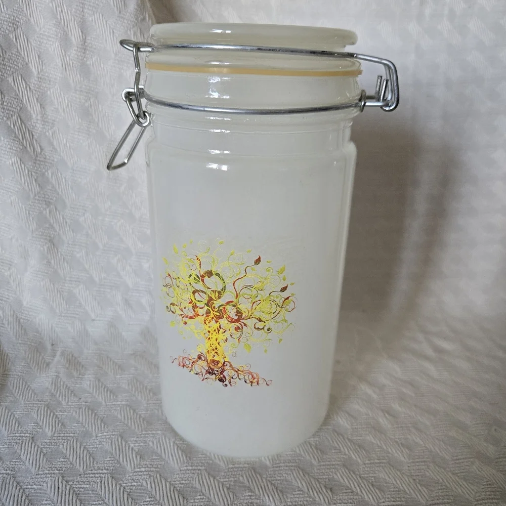 Glass Jar with Tree Design Frosted With Metal Latch